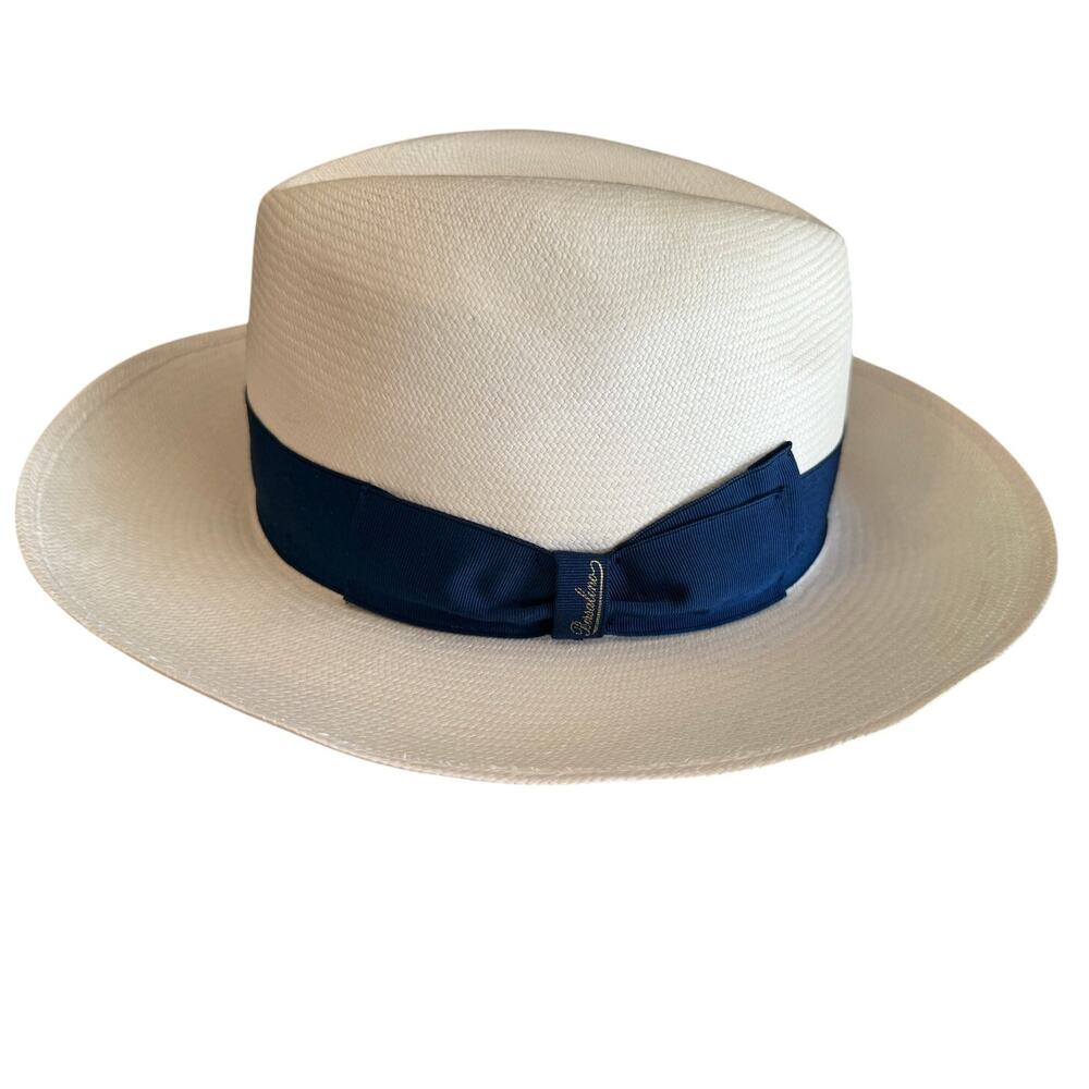 Borsalino Panama Straw Hat White Navy Blue Trim